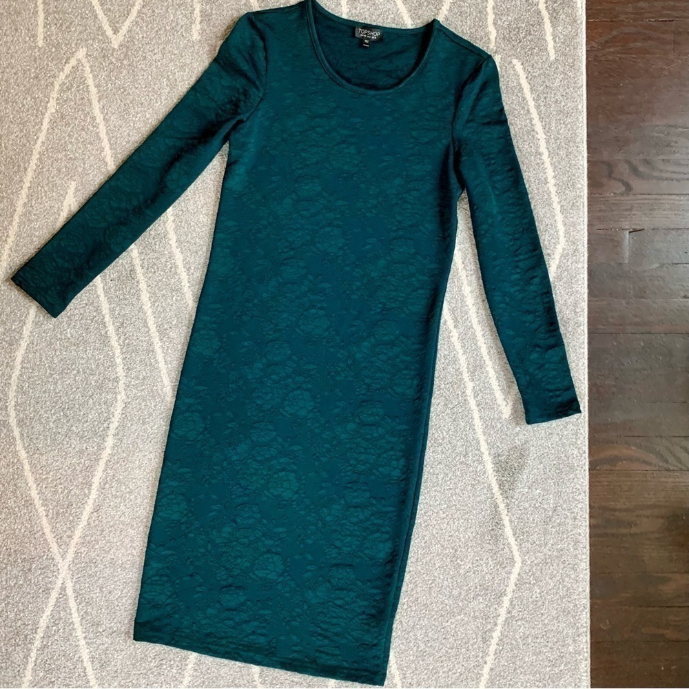 TopShop Forest Green Floral Stretch BodyCon Long Sleeve Midi Dress